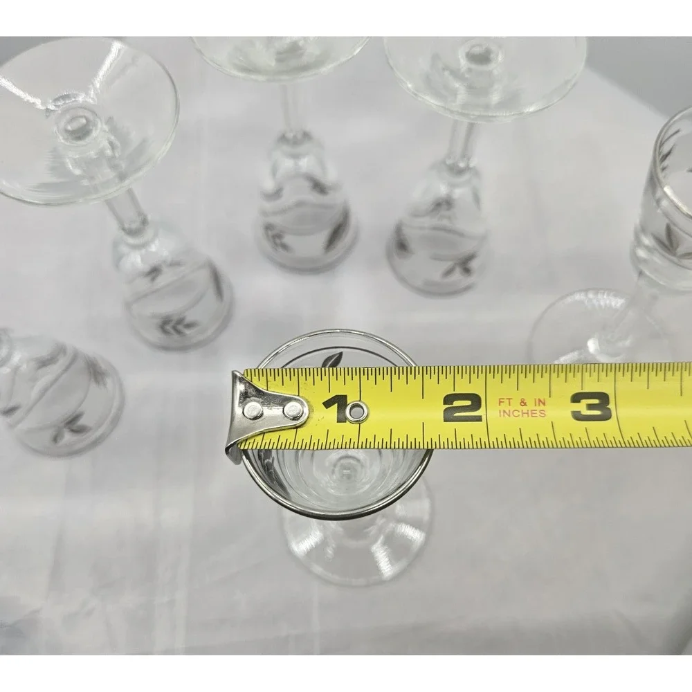Set of 6 Clear Cordial Shot Glasses Silver Leaf Etched‎ Design